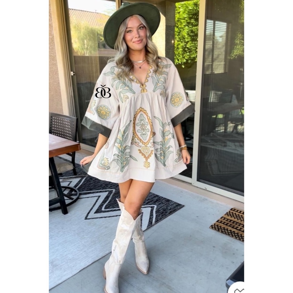 Beige & Green Boho Embroidered V Neck 3/4 Sleeve Babydoll Mini Dress - Picture 12 of 16